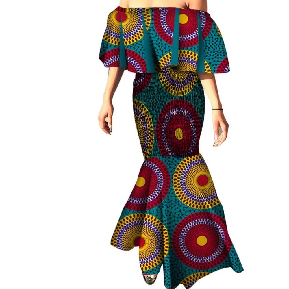 Green and Orange Maxi Trumpet Dress with Ruffled Flair